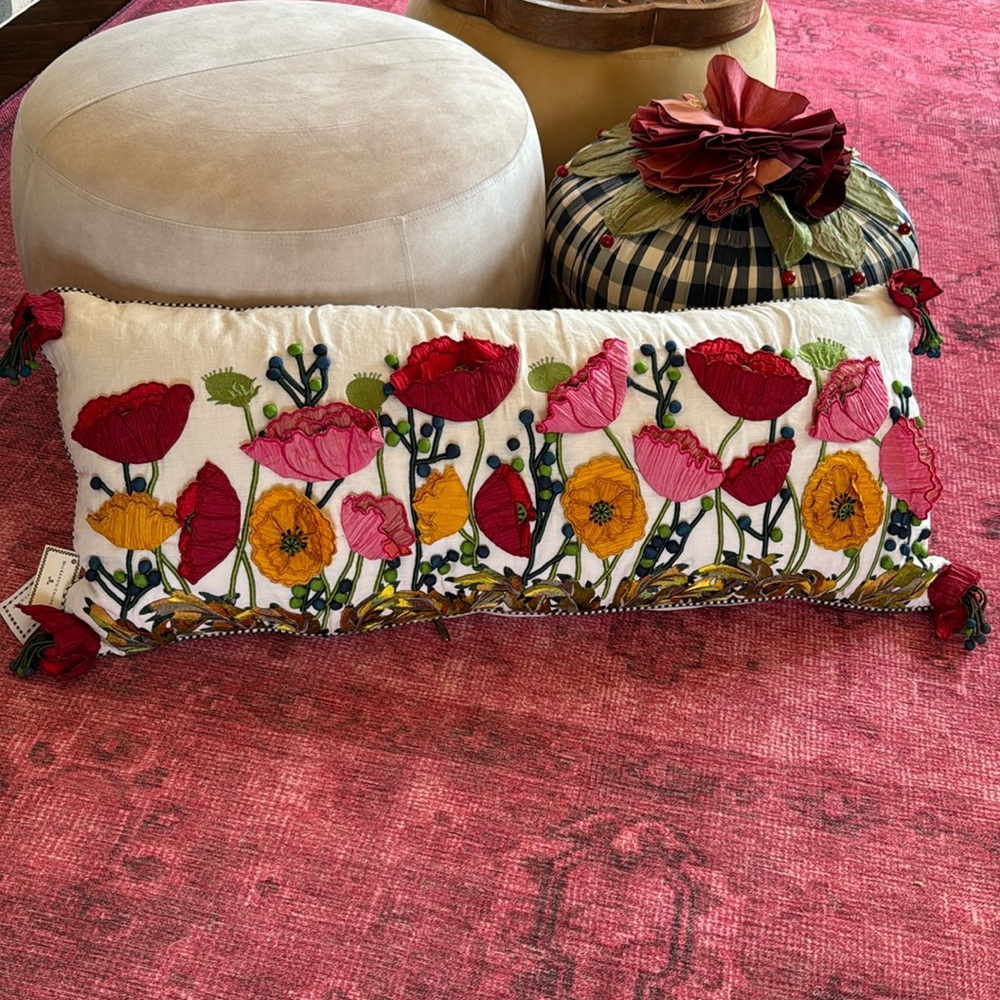 Stunning Mackenzie Childs Embroidered Poppy Pillow New with tags:)